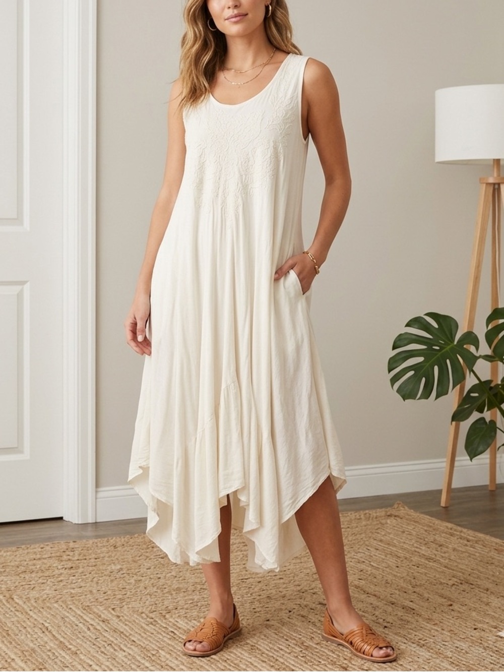 Exist Cream Sleeveless Asymmetrical Swing Dress